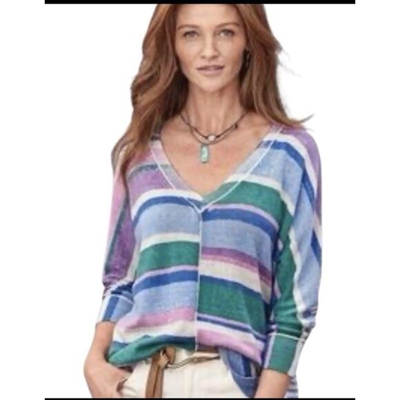 Sundance Johanna Lightweight Blue Striped V Neck Casual Sweater 100% Cotton XXL - Picture 1 of 8